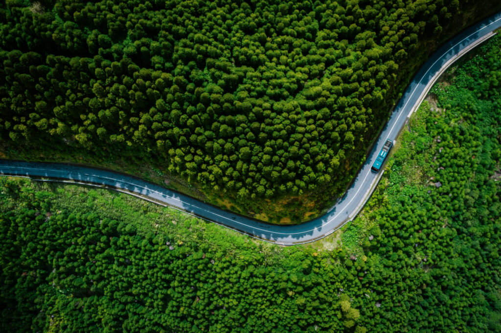 Bus driving on a road in green area